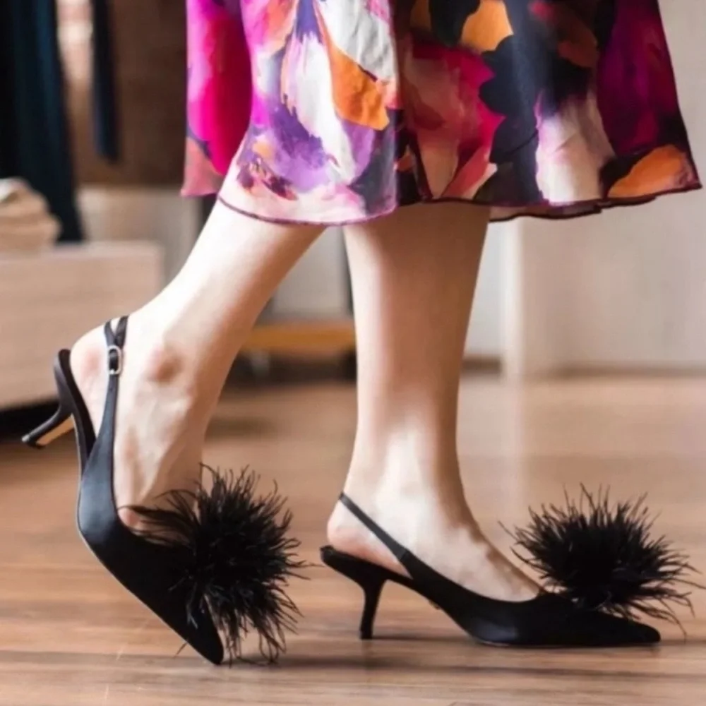 Sam Edelman Elegant Black Slingback Heels with Feather Detail - Picture 2 of 7
